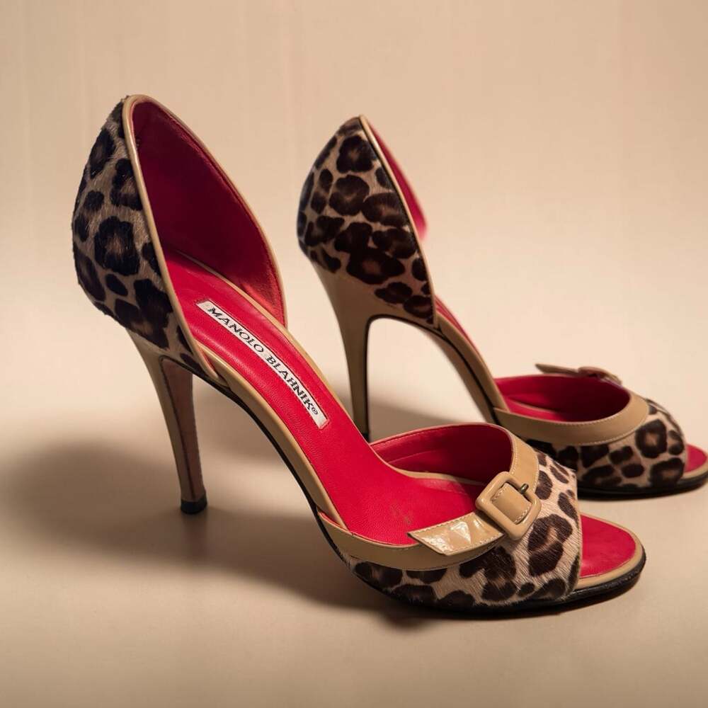 Manolo Blahnik Leopard Print Calf Hair D'Orsay Peep-Toe Stilettos with Buckle